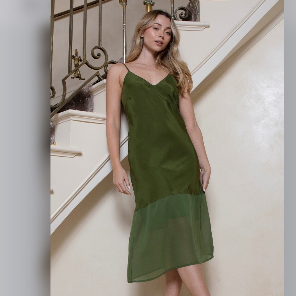 Olive Green Satin Slip Midi Dress with Sheer Hem